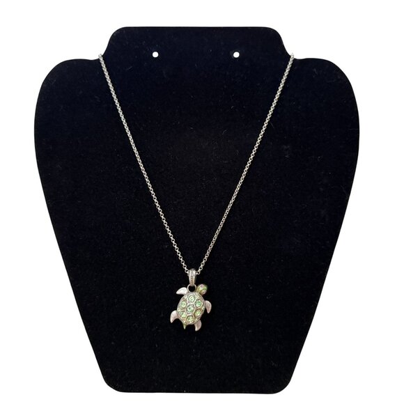 RARE Brighton Turtle Pendant Necklace Green Crystals Silver Plated Chain Adjust. - Picture 2 of 11